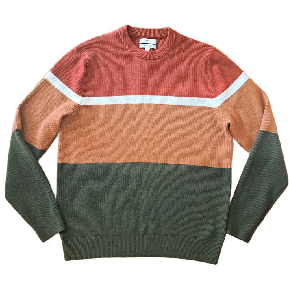 Marks & Spencer M&S Mens Large L Fall Colorblock Ribbed Knit Crewneck Sweater